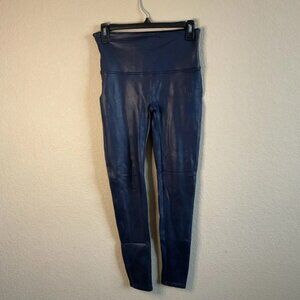 Spanx Womens Navy Faux Leather Mid Rise Full Length Leggings Size Large